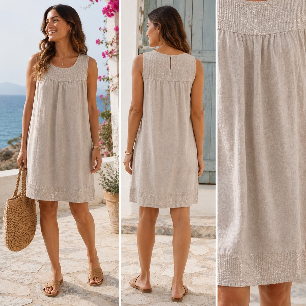 Blu Orchid Linen Shift Dress Womens S Beige Sabbia‎ Sequin Italian Coastal 66510